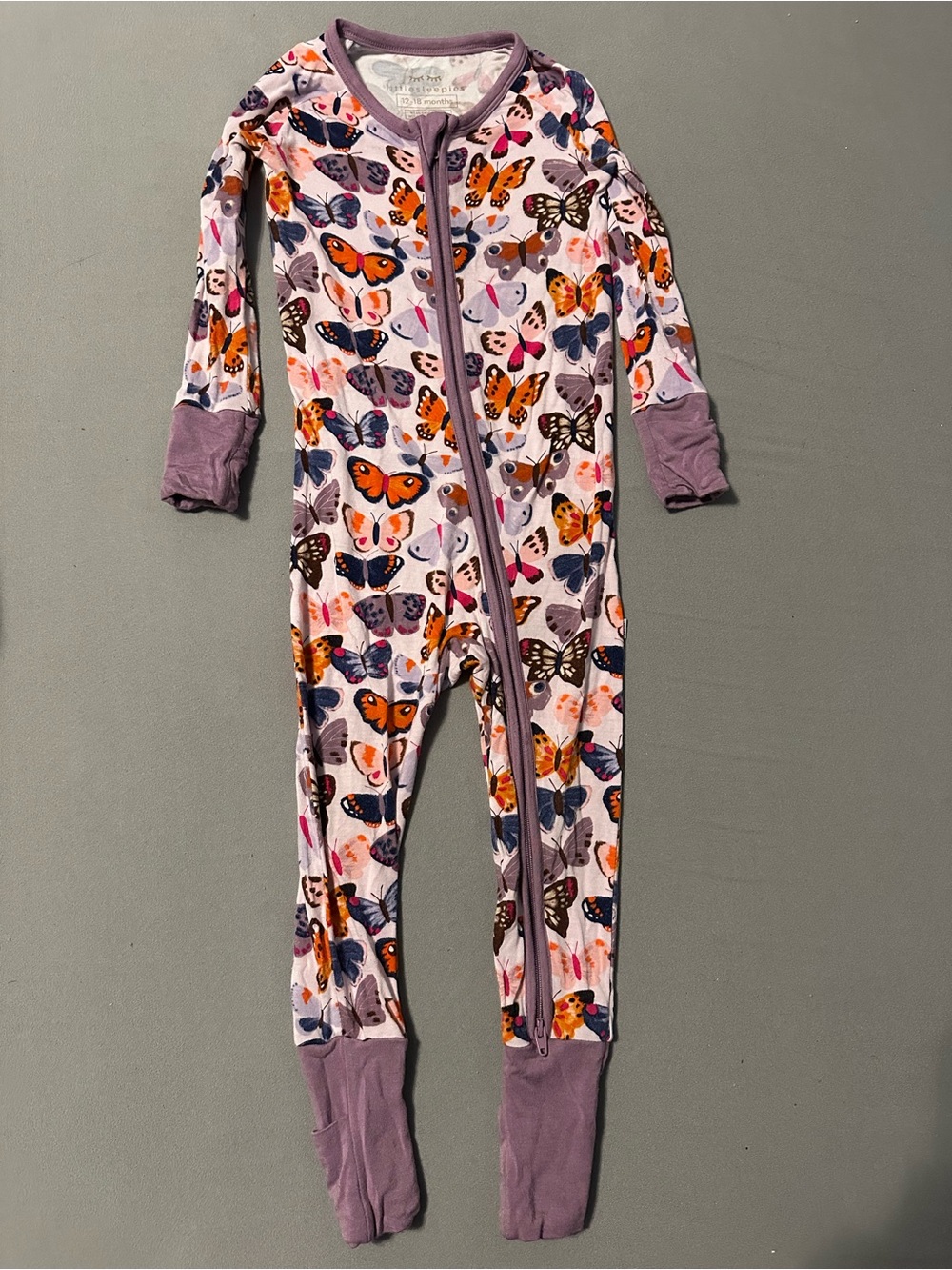 Butterfly Print Kids One-Piece Pajamas - Lavender Trim